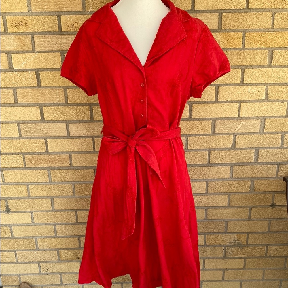 LANE BRYANT Retro Red Pinup Button Up Shirt Dress Sash Flower Embroidered 14